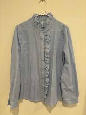 Amazon Blue White Striped Ruffled Button-Down Shirt